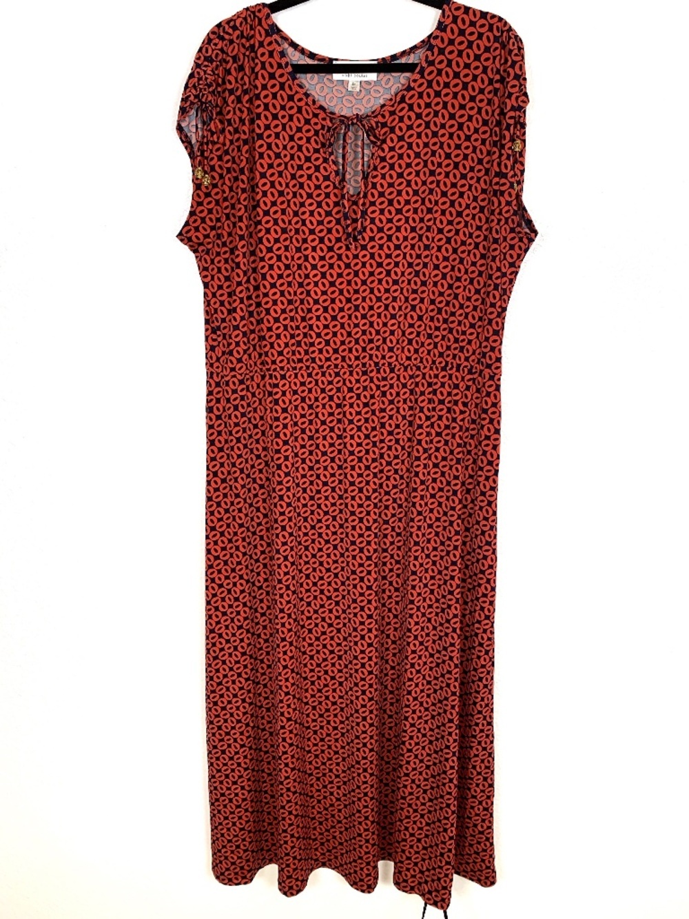 Nikki Poulos Maxi Dress 2X Blue Red Geometric Circle Print Sleeveless Stretchy
